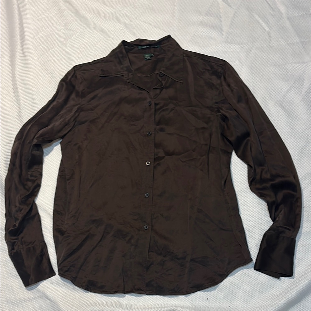 Lauren Ralph Lauren 100% Silk Button Up Shirt in Brown Size S *PRE-OWNED*